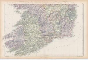 1882 LARGE Colour Antique Map of IRELAND South Part by BLACKIE (BA48)