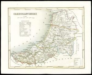 c1860 Antique colour map of "CARDIGANSHIRE" Wales by Joshua ARCHER (W/DW55)