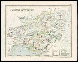 c1860 Antique colour map "CARMARTHENSHIRE" Wales by Joshua ARCHER (W/DW73)