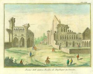 1743 Scotland Very early engraving of DRYBURGH ABBEY River Tweed (IL18)