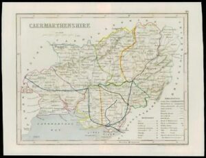 c1860 Antique colour map "CARMARTHENSHIRE" Wales by Joshua ARCHER (W/DW67)
