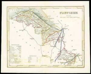 c1860 Antique colour map of "FLINTSHIRE" Wales by Joshua ARCHER (W/DW43)