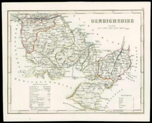c1860 Antique colour map of "DENBIGHSHIRE" Wales by Joshua ARCHER (W/DW50)