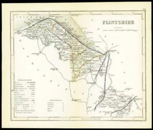 c1860 Antique colour map of "FLINTSHIRE" Wales by Joshua ARCHER W/DW42