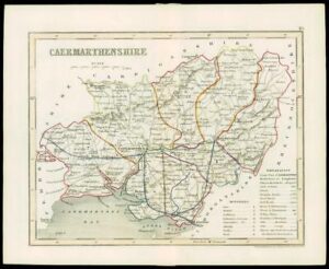 c1860 Antique colour map "CARMARTHENSHIRE " Wales by Joshua ARCHER (W/DW69)