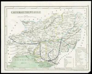 c1860 Antique colour map "CARMARTHENSHIRE" Wales by Joshua ARCHER (W/DW66)