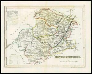 c1860 Antique colour map of "MONTGOMERYSHIRE" Montgomery Wales by ARCHER W/DW18