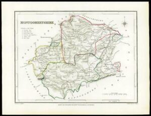 c1860 Antique colour map of "MONTGOMERYSHIRE" Montgomery Wales by LEWIS W/DW16