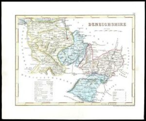 c1860 Antique colour map of "DENBIGHSHIRE" Wales by Joshua ARCHER (W/DW53)