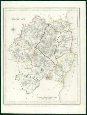 1845 IRELAND - Original Antique Map of WICKLOW by Lewis with outline colour
