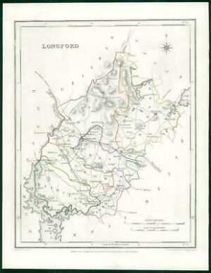 1845 IRELAND - Original Antique Map of LONGFORD by Lewis with outline colour