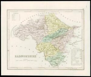 c1860 Original antique colour map of "RADNORSHIRE" Wales by JOSHUA ARCHER (W/DW5)