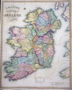 1845 Very Large Original Antique Map - I SLATER'S NEW MAP OF IRELAND (LM18)