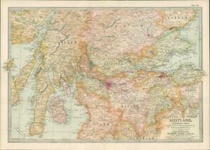 1903  Large Colour Map SCOTLAND Central Part, Glasgow Dundee Leith Perth (EB14)