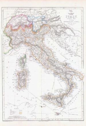 1863 Map ITALY GENERAL MAP Switzerland Tyrol and the Alps Edward Weller (DA157)