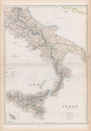 1882 LARGE Colour Antique Map of ITALY SOUTH PART by BLACKIE (BA39)