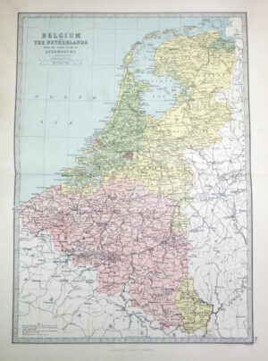 1883 Large Original Antique Colour Map of BELGIUM NETHERLANDS LUXEMBOURG  (PHA)