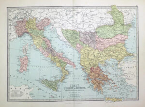 1883 - Large Original Antique Colour Map of ITALY & TURKEY IIN EUROPE  (PHA)