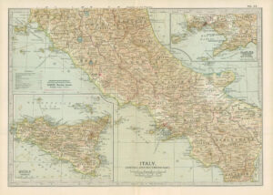 1903  Large Colour Map ITALY Central and Southern Part Naples, Messina (EB30)