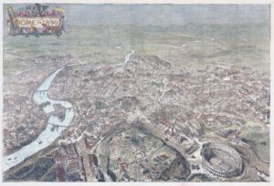 1890 - Large Original Antique Print BIRDS EYE VIEW OF ROME ITALY