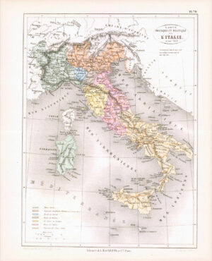 1865 Antique Map CARTE PHYSIQUE POLITIQUE DE ITALIE Italy Politics (DEDG-13)