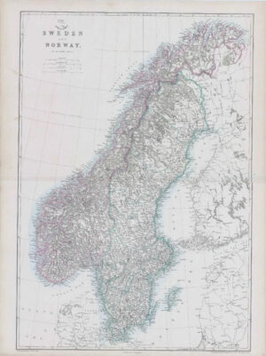 1863 Large Antique Map SWEDEN AND NORWAY by Edward Weller (DA49)