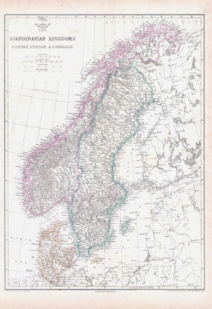 1863 Map THE SCANDINAVIAN KINGDOMS Norway Sweden & Denmark by Weller (DA151)