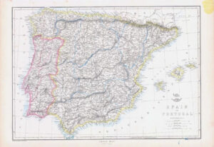 1863 Large Antique Map SPAIN AND PORTUGAL by Edward Weller (DA150)