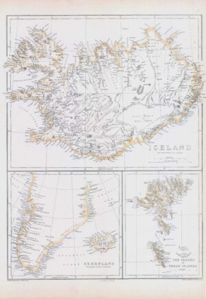 1863 Map ICELAND GREENLAND AND FAROER OR FEROE ISLANDS by Weller (DA152)