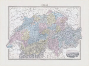 1892 Large Colour Antique Map of SUISSE Switzerland Vignette View Berne (NAI/33)