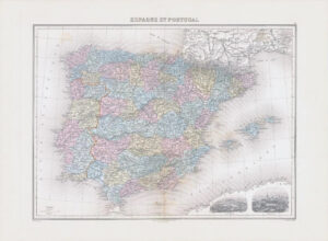 1892 Large Colour Antique Map ESPAGNE ET PORTUGAL Spain and Portugal (NAI/29)