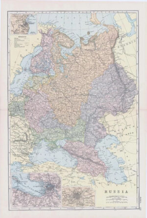 1898 Large Antique Colour Map RUSSIA St Petersburg Moscow Kherson Viatka (NGA18)