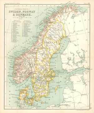 c1912 Map of SWEDEN, NORWAY & DENMARK Scandinavia Chart Regions (BS31)