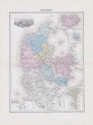1892 Large Colour Antique Map of DANEMARK Denmark Copenhague Copenhagen (NAI/40)