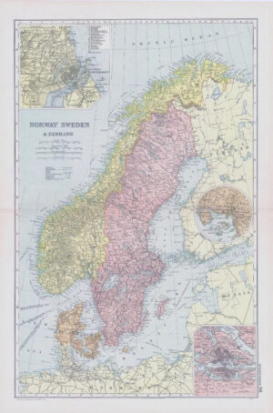 1898 Antique Colour Map NORWAY SWEDEN & DENMARK Stockholm Christiana (NGA17)