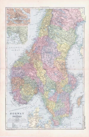 1893 Antique Map NORWAY SWEDEN Stockholm Christiania Gottland Hernosand (BPA23)