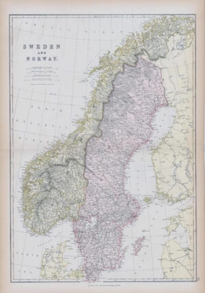 1882 LARGE Colour Antique Map of SWEDEN AND NORWAY by BLACKIE (BA46)