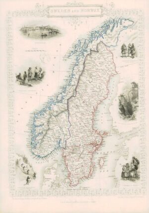 1851 Original Illustrated Antique Map "SWEDEN AND NORWAY" by TALLIS (DW158)