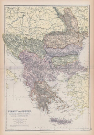 1882 LARGE Colour Antique Map of TURKEY GREECE Servia Bulgaria by BLACKIE (BA35)
