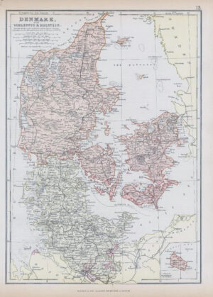 1882 Antique Colour Map of DENMARK Schleswig Holstein by BLACKIE (BA58)