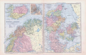 1893 Antique Map NORWAY SWEDEN DENMARK WITH SCHLESWIG-HOLSTEIN Iceland (BPA24)