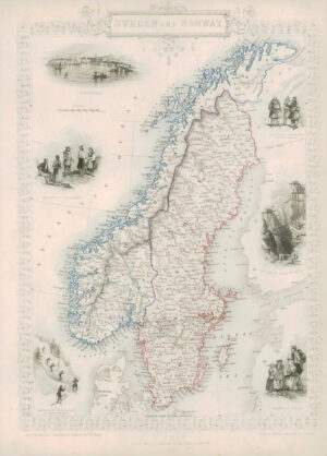 1850 Illustrated Original Antique Map "SWEDEN AND NORWAY" by TALLIS (DW159)