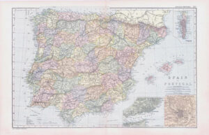 1893 Antique Map SPAIN & PORTUGAL Lisbon Madrid Gibraltar Galicia Malaga (BPA20)