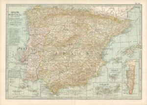 1903  Large Colour Map SPAIN PORTUGAL AND ANDORRA  (EB18)