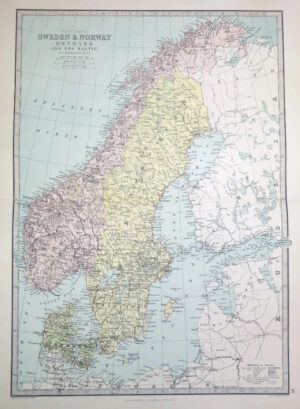 1883 - Large Antique Colour Map of SCANDINAVIA SWEDEN NORWAY DENMARK (PHA)