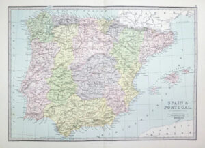 1883 - Large Original Antique Colour Map of SPAIN & PORTUGAL (PHA)
