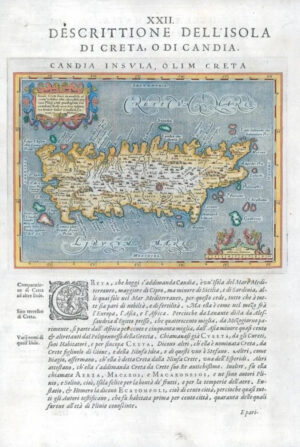 1597/8 GREECE Map DESCRITTIONE DELL ISOLA CRETA CANDIA CRETE by Magini (G3)