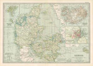 1903  Large Colour Map DENMARK ICELAND COPENHAGEN FAROE ISLANDS (EB23)