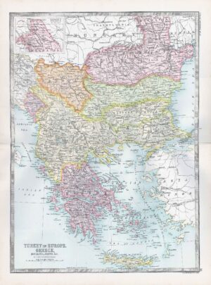 1912 Antique Map TURKEY in EUROPE Greece Roumania Servia (BWM4-34)