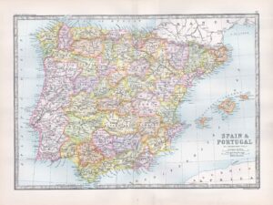 1912 Antique Map SPAIN & PORTUGAL Algeria Africa France (BWM4-36)